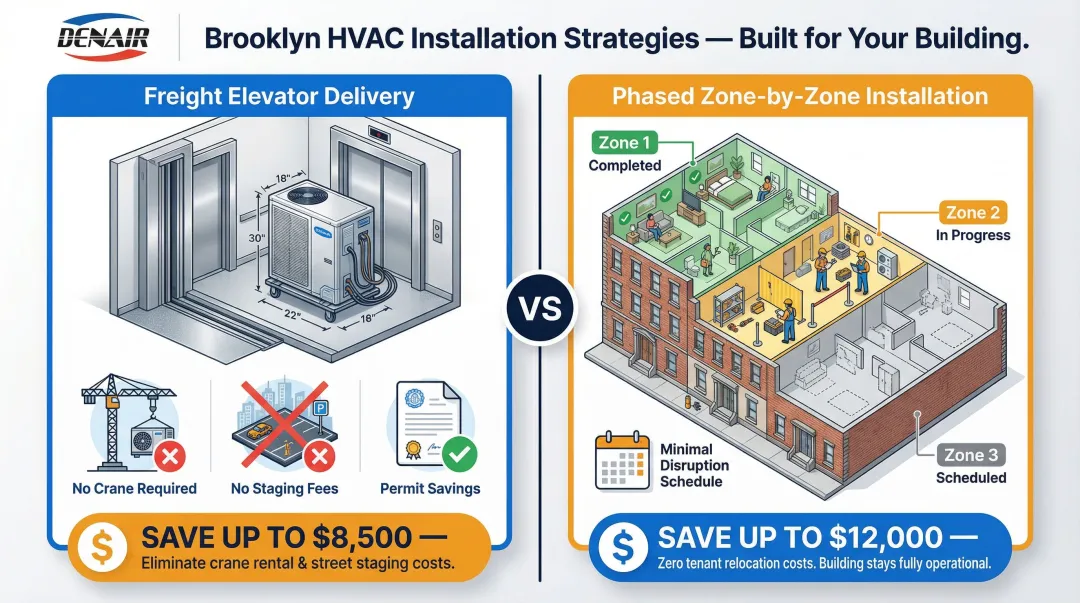 Two Brooklyn HVAC installation cost-reduction strategies freight elevator delivery versus phased installation