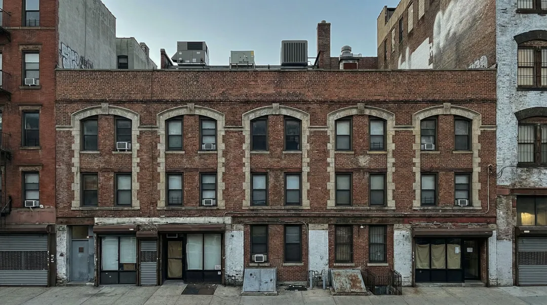 Pre-war Brooklyn commercial building facade showing constrained mechanical room and rooftop access
