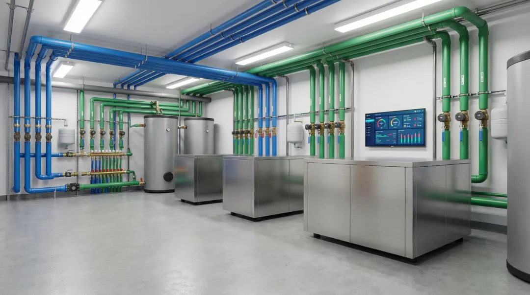 District geothermal ground-source heat pump system installed in large multifamily residential building