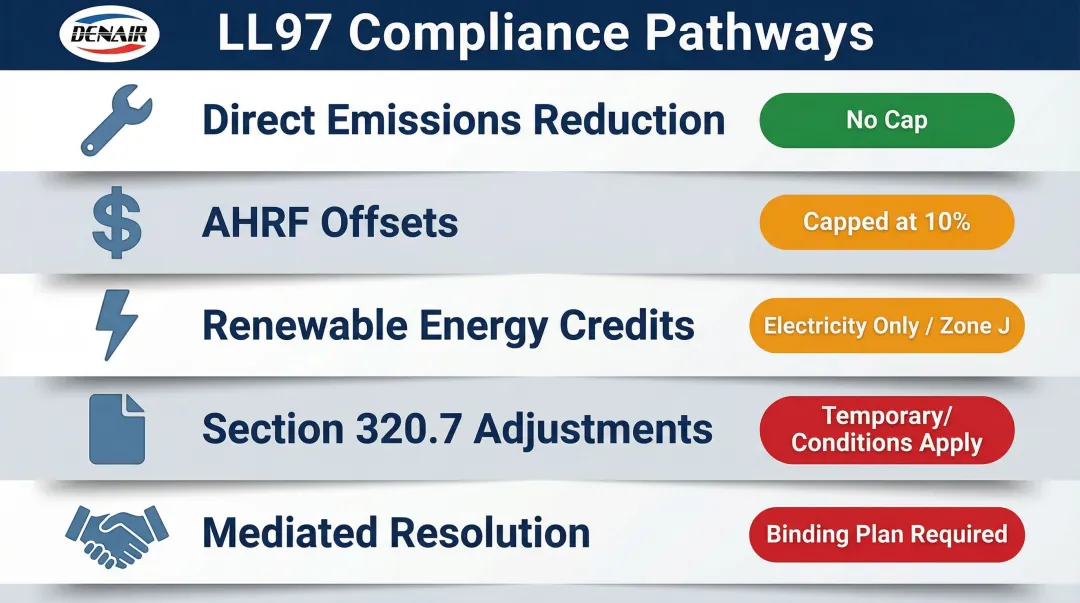 Five LL97 compliance pathways comparison with caps and conditions overview