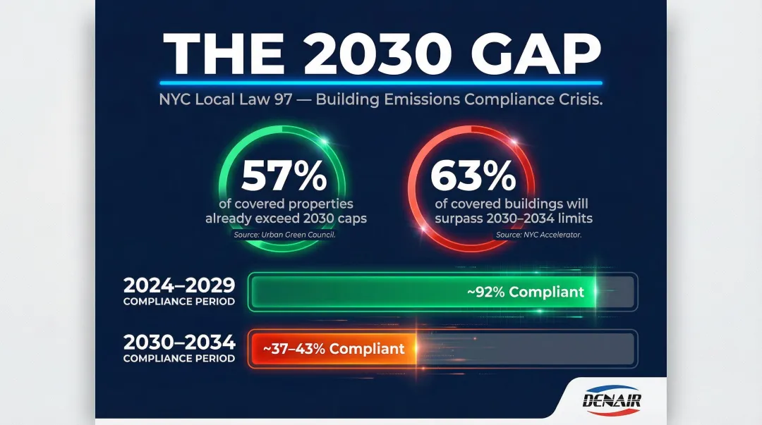 NYC Local Law 97 building compliance gap statistics for 2030 emissions limits