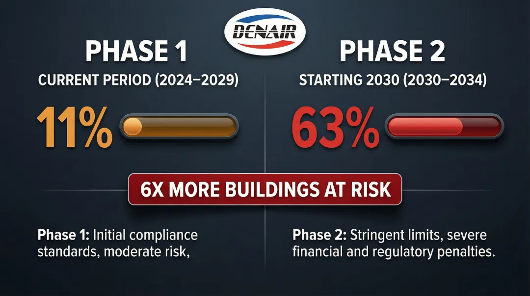 LL97 Phase 1 versus Phase 2 building non-compliance percentage comparison infographic