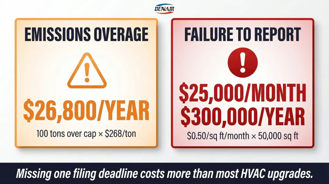 LL97 annual penalty cost comparison emissions overage versus failure to report scenarios