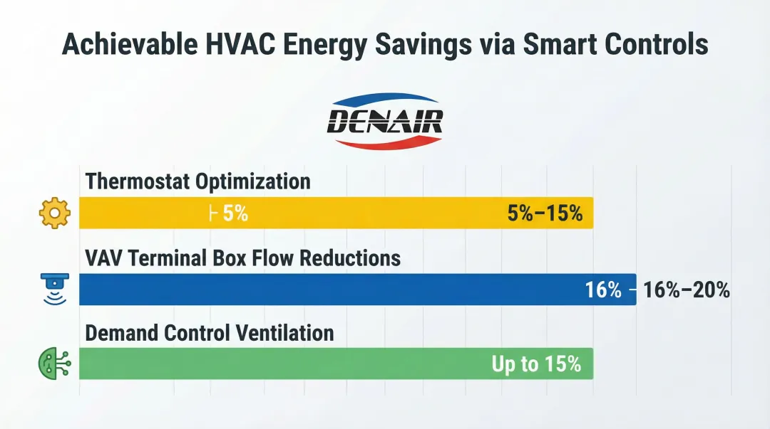 Building automation system HVAC energy savings percentage breakdown by control strategy