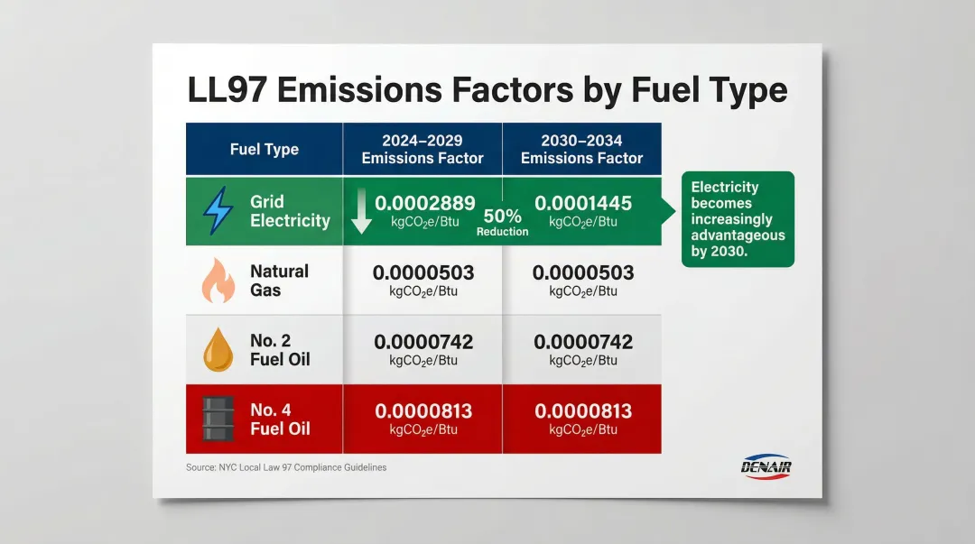 LL97 emissions coefficients by fuel type comparison table for 2024 and 2030 compliance periods
