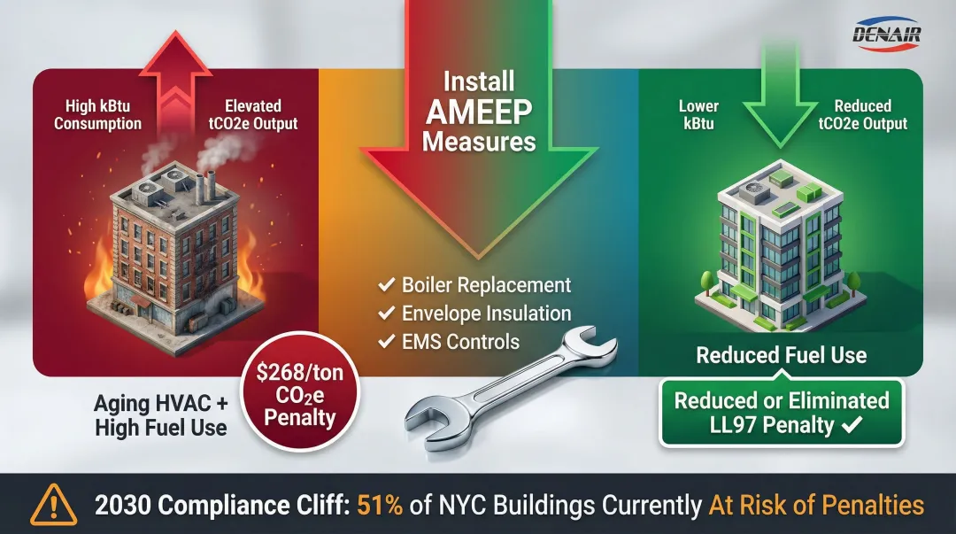 Local Law 97 carbon penalty reduction pathway through AMEEP HVAC upgrades infographic