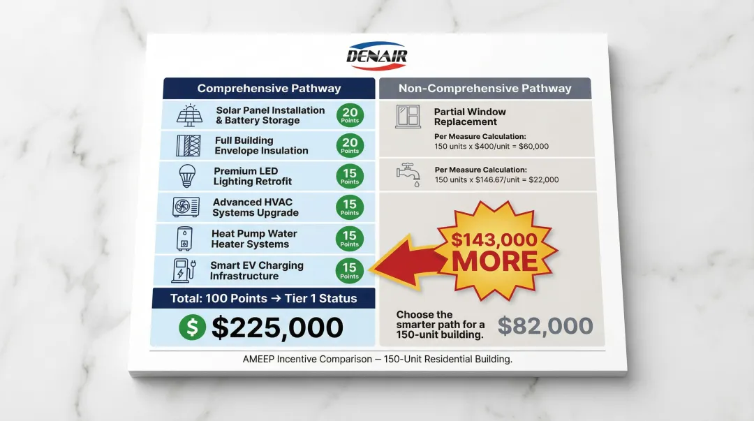 Comprehensive versus non-comprehensive AMEEP pathway incentive comparison for 150-unit building