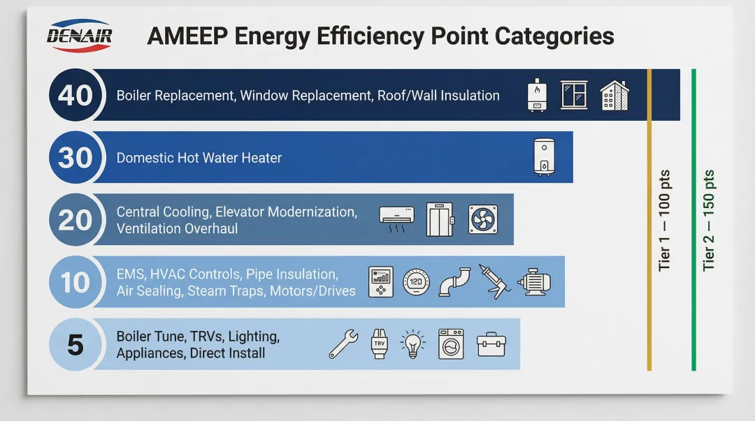 AMEEP eligible upgrade point values from 40-point boiler replacement to 5-point LED installs