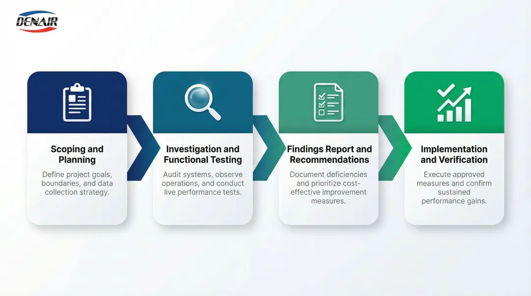 Four-stage retro-commissioning process flow from scoping to verification