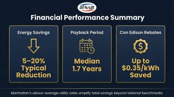 Manhattan retro-commissioning ROI breakdown showing energy savings payback period and utility rebates