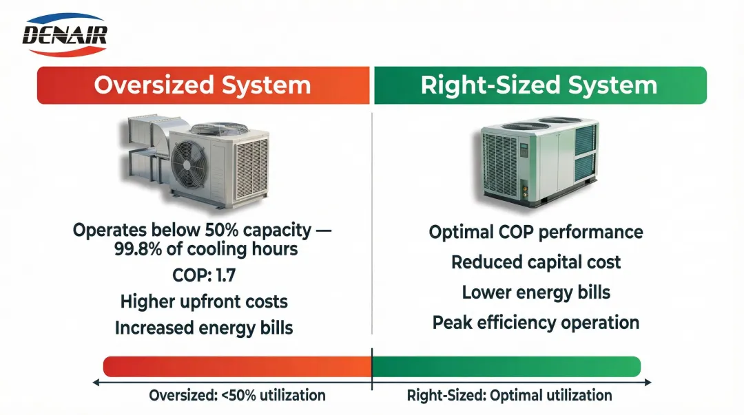 VRF system oversizing problem versus right-sized HVAC equipment comparison infographic