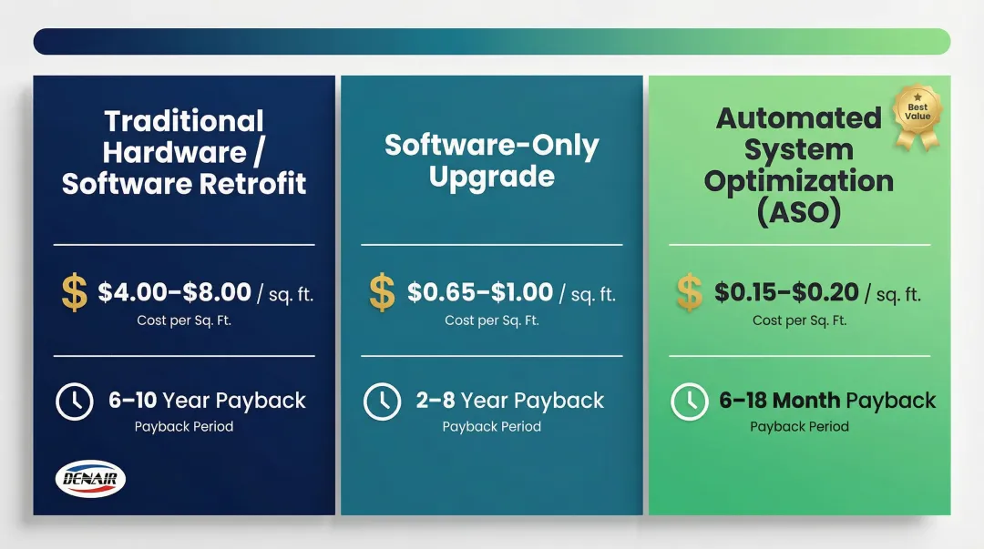 Three BAS strategy cost per square foot and payback period comparison chart