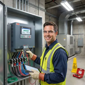HVAC technician following a step-by-step process to install and commission an ABB VFD drive in a NYC commercial building