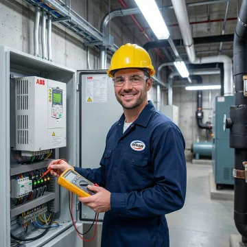 ABB VFD HVAC service technician working on a variable frequency drive unit in a Manhattan commercial building mechanical room