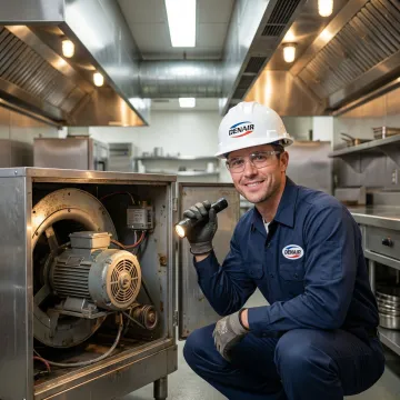 HVAC technician servicing a commercial kitchen exhaust fan system indoors