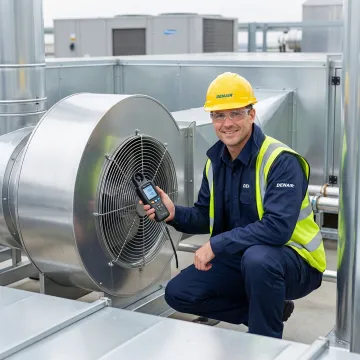 HVAC technician testing a commercial exhaust fan after completing repairs
