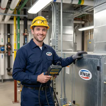 HVAC technician servicing a makeup air unit inside a Manhattan commercial building mechanical room