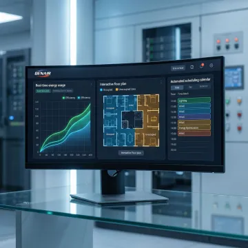 Modern building management system dashboard showing energy savings data