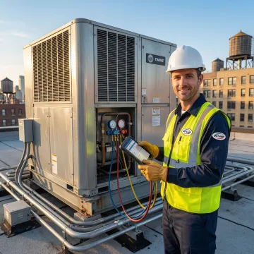 HVAC technician performing diagnostic testing on a Trane commercial rooftop unit