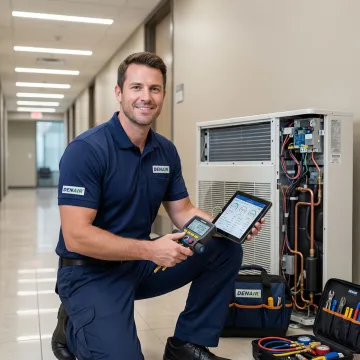 HVAC technician performing a multi-step VRF system maintenance check