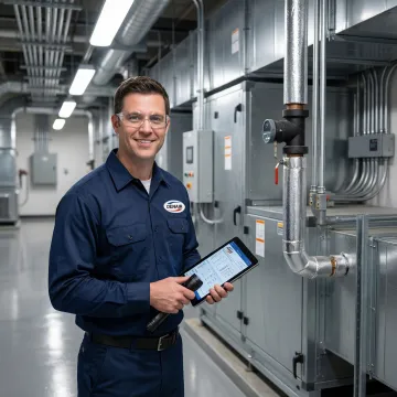 HVAC technician servicing medical facility air handling unit in NYC hospital