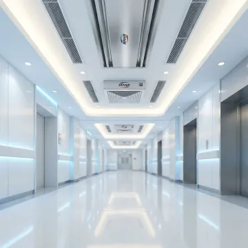 Clean hospital corridor with advanced HVAC ventilation system and medical-grade air filtration