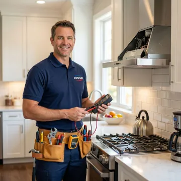 HVAC technician performing kitchen exhaust fan repair in a residential kitchen