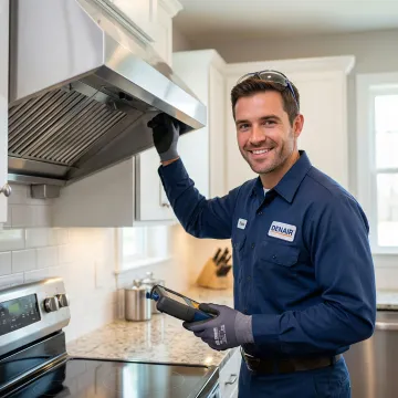 Certified HVAC technician repairing a kitchen exhaust fan in a Long Island home