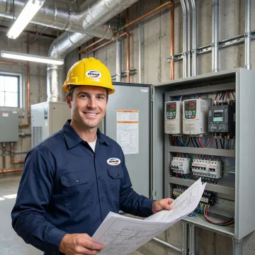 HVAC engineer reviewing a VFD retrofit installation plan and control panel in a Brooklyn commercial building
