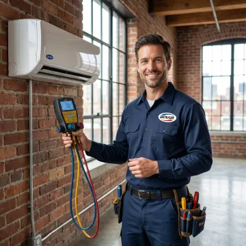 Denair HVAC technician servicing a Carrier HVAC system in a Brooklyn building