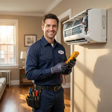 Fujitsu mini split repair technician working on indoor unit in Queens NY home