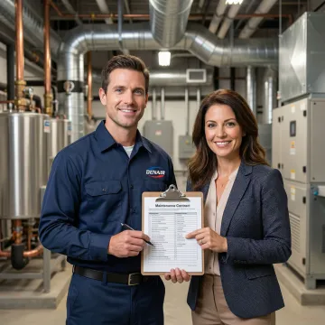 HVAC maintenance technician reviewing service contract documents with a Queens building manager