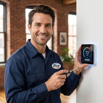 HVAC technician installing a smart thermostat on a Brooklyn home wall