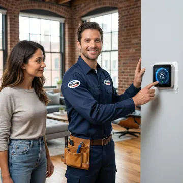 HVAC technician programming a smart thermostat during installation walkthrough