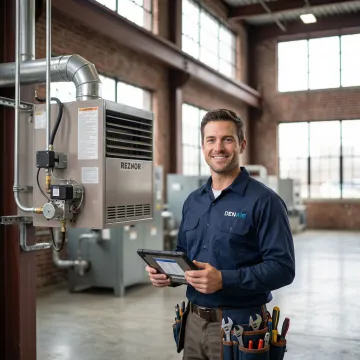 Certified HVAC technician repairing a Reznor heating unit in a Brooklyn commercial building