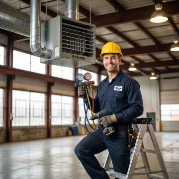 Denair HVAC technician servicing a Reznor unit heater in a Brooklyn warehouse
