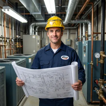 Denair HVAC technician reviewing building mechanical plans inside a Manhattan multifamily building