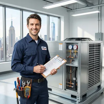 HVAC technician reviewing maintenance checklist on commercial building in Queens NY