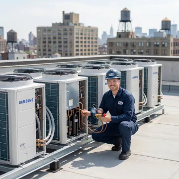Samsung VRF system installation on a Long Island City commercial building rooftop
