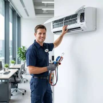 Certified technician servicing Samsung VRF indoor unit in a commercial office space