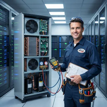 HVAC technician servicing a CRAC unit inside a Manhattan data center