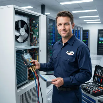 HVAC technician following a structured service process on a CRAC unit in a data center