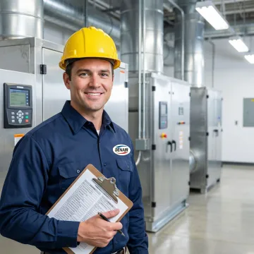 HVAC technician reviewing a commercial maintenance contract checklist inside a Brooklyn office building