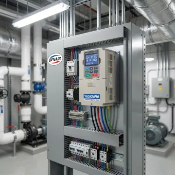 Yaskawa VFD drive installed on commercial HVAC equipment in a Brooklyn building mechanical room