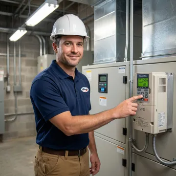 Technician programming a Yaskawa VFD drive on a commercial HVAC system