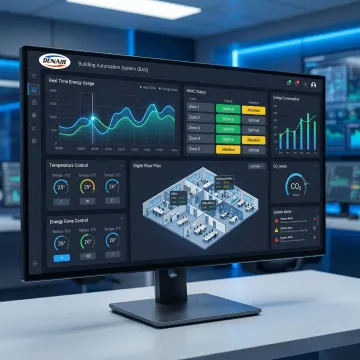 Modern building automation system dashboard displaying real-time HVAC and energy data for a commercial building