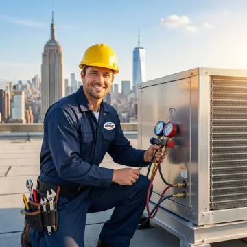 HVAC technician repairing a rooftop unit on a Manhattan commercial building