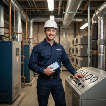 Denair HVAC certified technician performing HVAC maintenance inside a Queens NY multifamily apartment building mechanical room