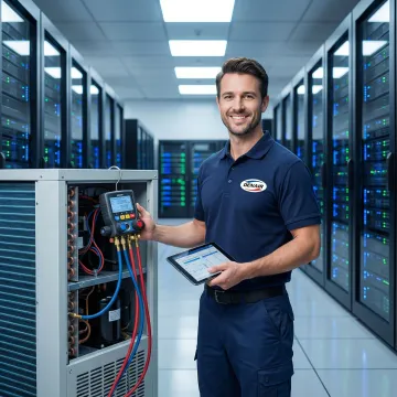 Certified HVAC technician repairing a CRAC unit in a Queens, NY server room
