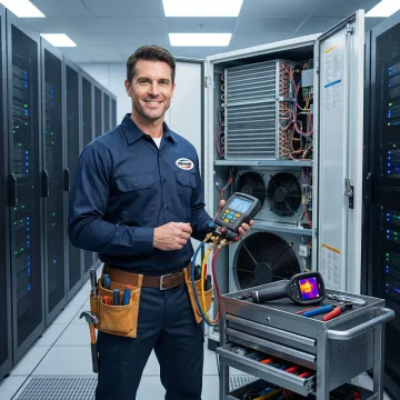HVAC technician performing step-by-step CRAC unit repair in a data center